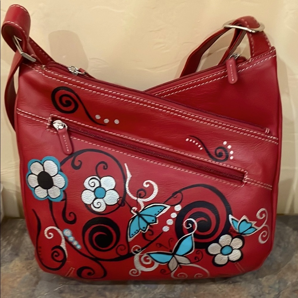 Red High Quality Leather Crossbody Bag with Hand Painted Art